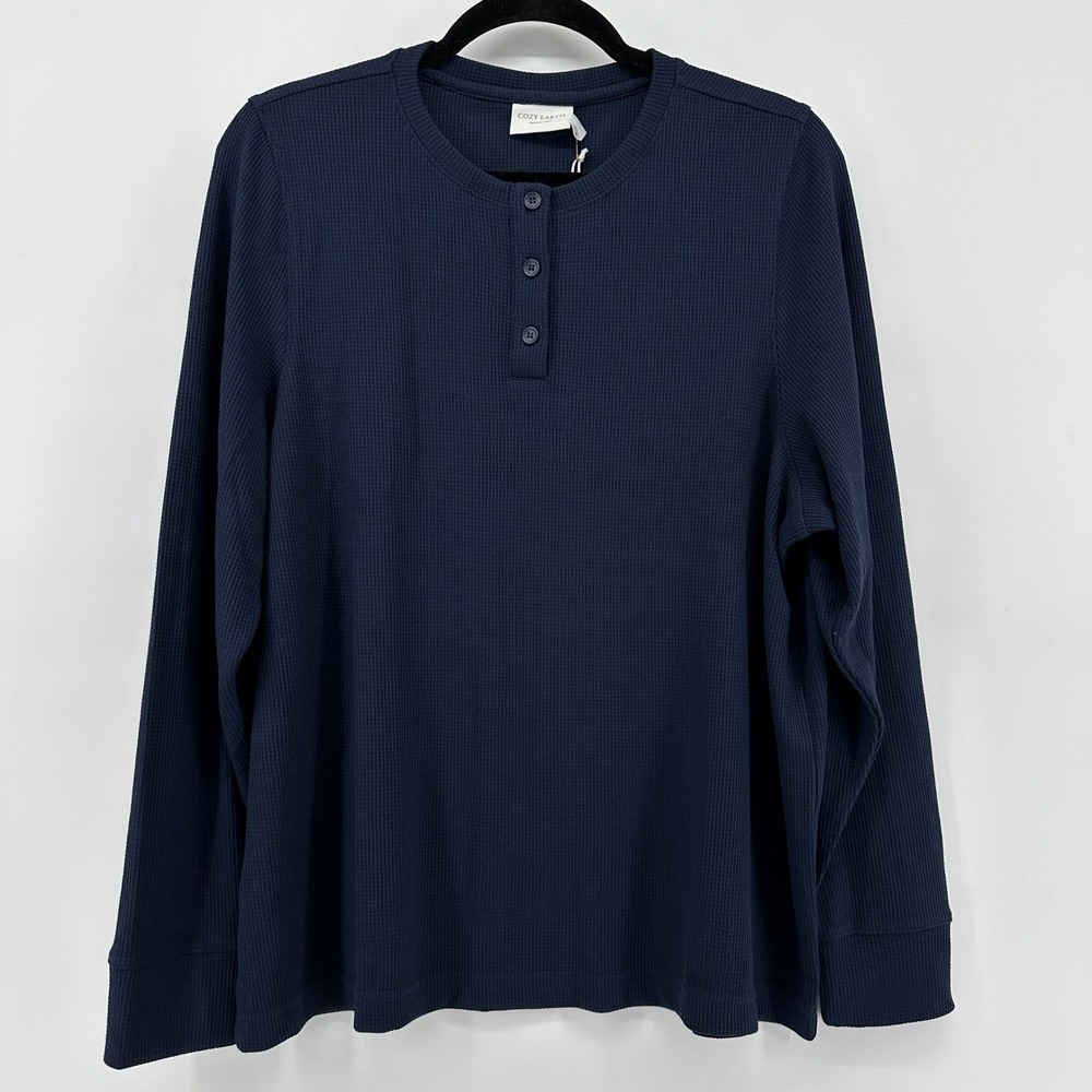 Cozy Earth Womens Bamboo Waffle Knit Long Sleeve Henley Navy Blue Size L NEW - Picture 1 of 11